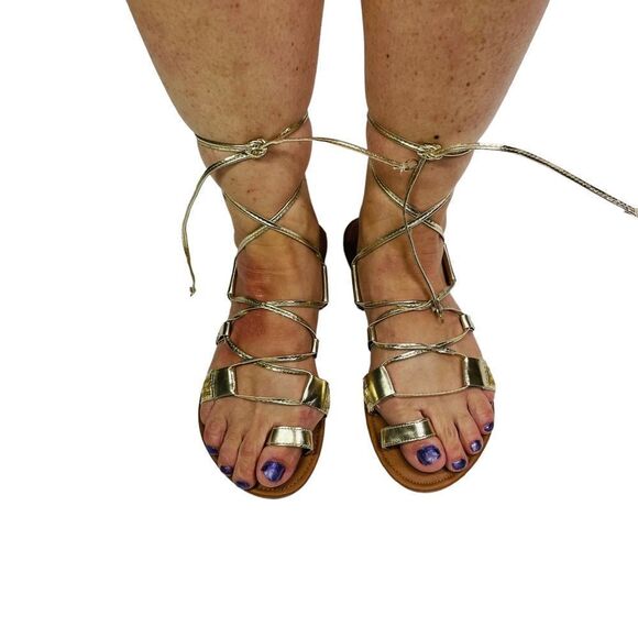 10/$25🦋 Rue 21 etc.! Gold Lace Up Flat Sandals - Size S (6/7) - Picture 2 of 11